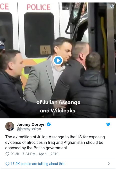 Twitter post by @jeremycorbyn: The extradition of Julian Assange to the US for exposing evidence of atrocities in Iraq and Afghanistan should be opposed by the British government.