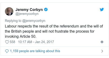 Twitter post by @jeremycorbyn: Labour respects the result of the referendum and the will of the British people and will not frustrate the process for invoking Article 50.