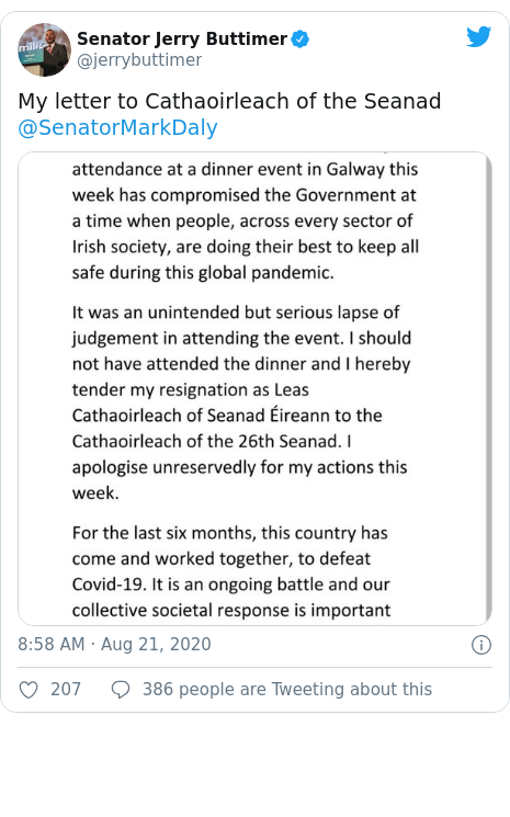 Twitter post by @jerrybuttimer: My letter to Cathaoirleach of the Seanad @SenatorMarkDaly 