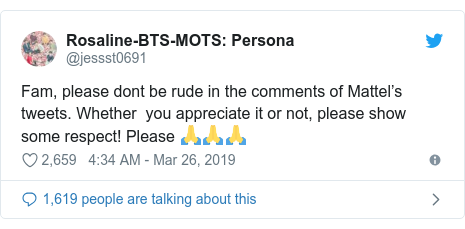 Twitter post by @jessst0691: Persona Fam, please dont be rude in the comments of Mattelâs tweets. Whether you appreciate it or not, please show some respect! Please ððð