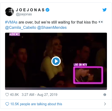 Twitter post by @joejonas: #VMAs are over, but we’re still waiting for that kiss tho 👀 @Camila_Cabello @ShawnMendes 