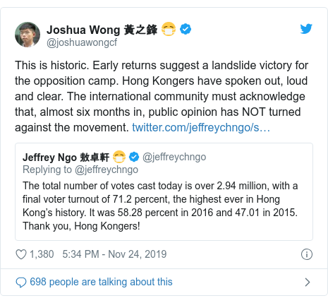 Twitter post by @joshuawongcf: This is historic. Early returns suggest a landslide victory for the opposition camp. Hong Kongers have spoken out, loud and clear. The international community must acknowledge that, almost six months in, public opinion has NOT turned against the movement. 
