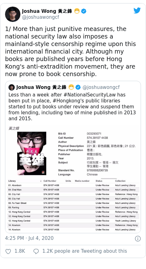 Twitter post by @joshuawongcf: 1/ More than just punitive measures, the national security law also imposes a mainland-style censorship regime upon this international financial city. Although my books are published years before Hong Kong's anti-extradition movement, they are now prone to book censorship. 