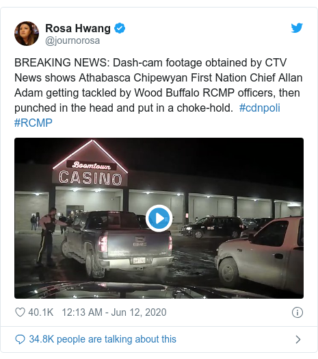 Twitter post by @journorosa: BREAKING NEWS  Dash-cam footage obtained by CTV News shows Athabasca Chipewyan First Nation Chief Allan Adam getting tackled by Wood Buffalo RCMP officers, then punched in the head and put in a choke-hold.  #cdnpoli #RCMP 