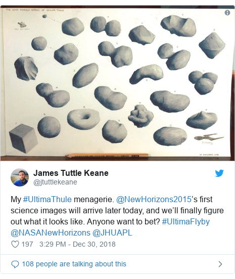 Ujumbe wa Twitter wa @jtuttlekeane: My #UltimaThule menagerie. @NewHorizons2015’s first science images will arrive later today, and we’ll finally figure out what it looks like. Anyone want to bet? #UltimaFlyby @NASANewHorizons @JHUAPL 