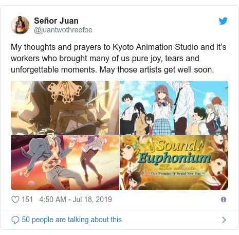 Twitter post by @juantwothreefoe: My thoughts and prayers to Kyoto Animation Studio and it’s workers who brought many of us pure joy, tears and unforgettable moments. May those artists get well soon. 