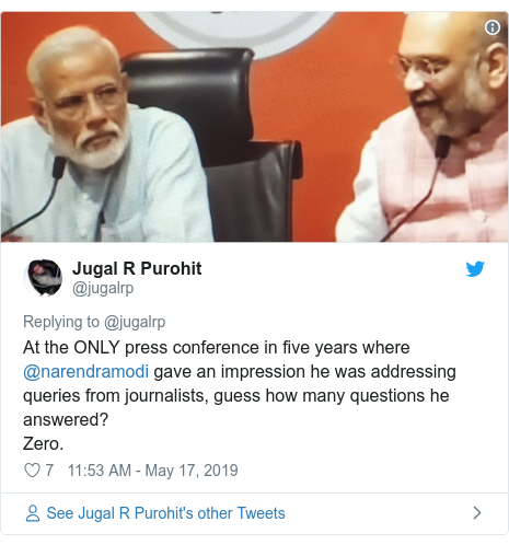 Twitter post by @jugalrp: At the ONLY press conference in five years where @narendramodi gave an impression he was addressing queries from journalists, guess how many questions he answered? Zero. 