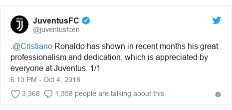 Twitter post by @juventusfcen: .@Cristiano Ronaldo has shown in recent months his great professionalism and dedication, which is appreciated by everyone at Juventus. 1/1