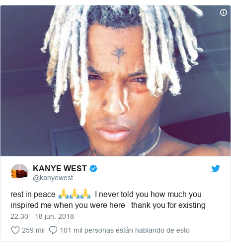 Publicación de Twitter por @kanyewest: rest in peace ??? I never told you how much you inspired me when you were here thank you for existing 