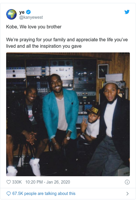 Twitter post by @kanyewest: Kobe, We love you brotherWe’re praying for your family and appreciate the life you’ve lived and all the inspiration you gave 