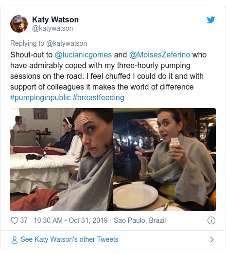 Twitter post by @katywatson: Shout-out to @lucianicgomes and @MoisesZeferino who have admirably coped with my three-hourly pumping sessions on the road. I feel chuffed I could do it and with support of colleagues it makes the world of difference #pumpinginpublic #breastfeeding 