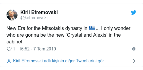 @kefremovski tarafından yapılan Twitter paylaşımı: New Era for the Mitsotakis dynasty in 🇬🇷... I only wonder who are gonna be the new ‘Crystal and Alexis’ in the cabinet.