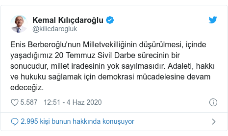 @kilicdarogluk tarafından yapılan Twitter paylaşımı: Enis Berberoğlu'nun Milletvekilliğinin düşürülmesi, içinde yaşadığımız 20 Temmuz Sivil Darbe sürecinin bir sonucudur, millet iradesinin yok sayılmasıdır. Adaleti, hakkı ve hukuku sağlamak için demokrasi mücadelesine devam edeceğiz.