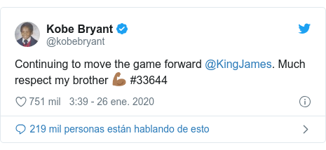 Publicación de Twitter por @kobebryant: Continuing to move the game forward @KingJames. Much respect my brother ?? #33644