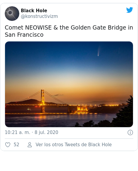 Publicación de Twitter por @konstructivizm: Comet NEOWISE & the Golden Gate Bridge in San Francisco 