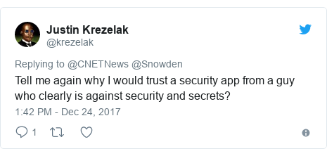Twitter post by @krezelak: Tell me again why I would trust a security app from a guy who clearly is against security and secrets?