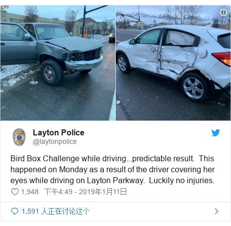 Twitter 用户名 @laytonpolice: Bird Box Challenge while driving...predictable result.  This happened on Monday as a result of the driver covering her eyes while driving on Layton Parkway.  Luckily no injuries. 