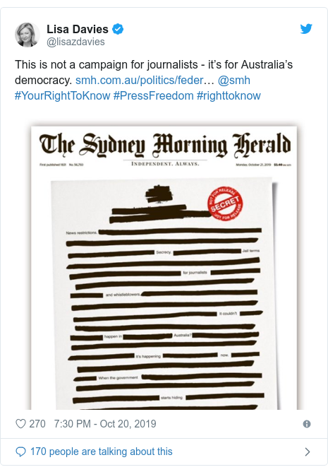 Twitter post by @lisazdavies: This is not a campaign for journalists - it”™s for Australia”™s democracy. ”¦ @smh #YourRightToKnow #PressFreedom #righttoknow 