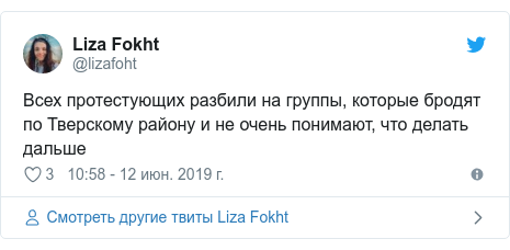 Twitter пост, автор: @lizafoht: Всех протестующих разбили на группы, которые бродят по Тверскому району и не очень понимают, что делать дальше