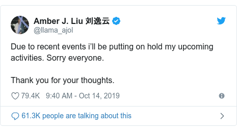 Twitter post by @llama_ajol: Due to recent events i’ll be putting on hold my upcoming activities. Sorry everyone.Thank you for your thoughts.
