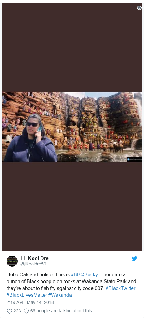 Twitter post by @llkooldre50: Hello Oakland police. This is #BBQBecky. There are a bunch of Black people on rocks at Wakanda State Park and they're about to fish fry against city code 007. #BlackTwitter #BlackLivesMatter #Wakanda 