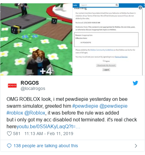Pewdiepie Roblox Lifts Ban After Social Media Backlash Bbc News - twitter post by localrogos omg roblox look i met pewdiepie yesterday on bee