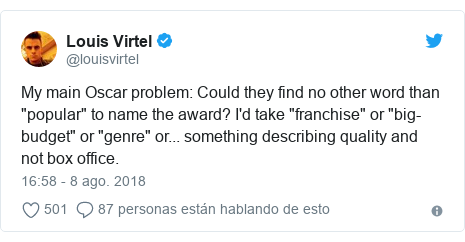Publicación de Twitter por @louisvirtel: My main Oscar problem  Could they find no other word than "popular" to name the award? I'd take "franchise" or "big-budget" or "genre" or... something describing quality and not box office.