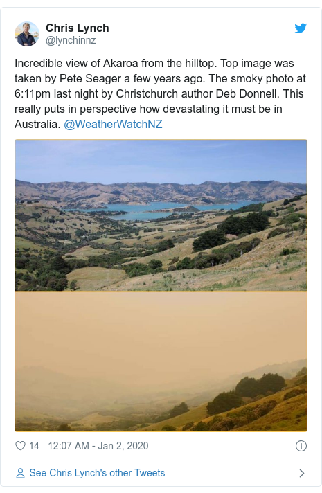 Twitter post by @lynchinnz: Incredible view of Akaroa from the hilltop. Top image was taken by Pete Seager a few years ago. The smoky photo at 6 11pm last night by Christchurch author Deb Donnell. This really puts in perspective how devastating it must be in Australia. @WeatherWatchNZ 