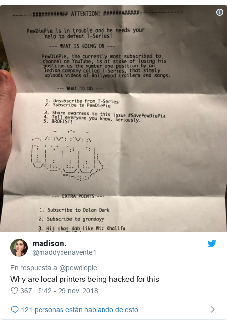 Publicación de Twitter por @maddybenavente1: Why are local printers being hacked for this 