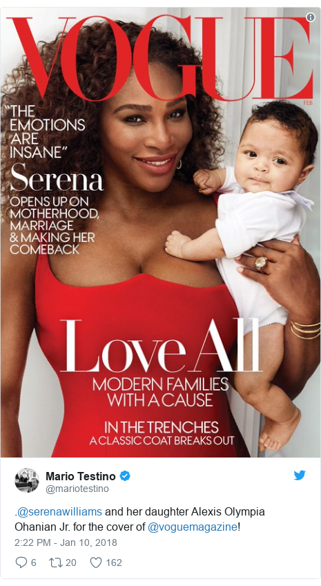 Twitter post by @mariotestino: .@serenawilliams and her daughter Alexis Olympia Ohanian Jr. for the cover of @voguemagazine! 