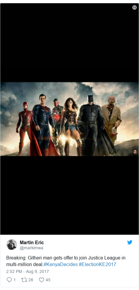 Ujumbe wa Twitter wa @markimwa: Breaking  Githeri man gets offer to join Justice League in multi-million deal.#KenyaDecides #ElectionKE2017 