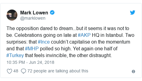 Twitter post by @marklowen: The opposition dared to dream...but it seems it was not to be. Celebrations going on late at #AKP HQ in Istanbul. Two surprises  that #Ince couldn’t capitalise on the momentum and that #MHP polled so high. Yet again one half of #Turkey that feels invincible, the other distraught.