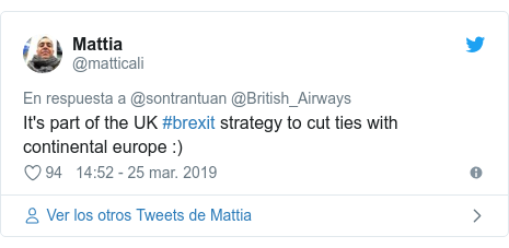 Publicación de Twitter por @matticali: It's part of the UK #brexit strategy to cut ties with continental europe  )