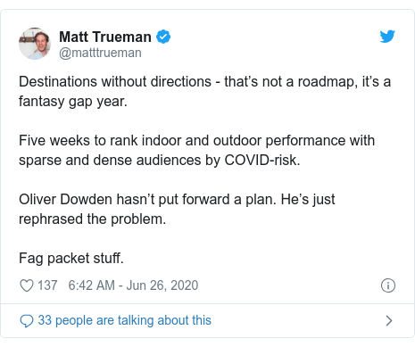 Twitter post by @matttrueman: Destinations without directions - that’s not a roadmap, it’s a fantasy gap year.Five weeks to rank indoor and outdoor performance with sparse and dense audiences by COVID-risk.Oliver Dowden hasn’t put forward a plan. He’s just rephrased the problem.Fag packet stuff.