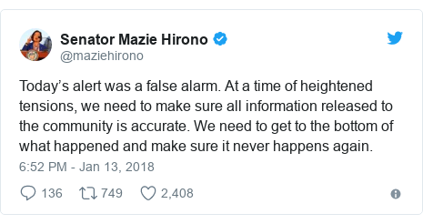 Twitter post by @maziehirono: Today’s alert was a false alarm. At a time of heightened tensions, we need to make sure all information released to the community is accurate. We need to get to the bottom of what happened and make sure it never happens again.