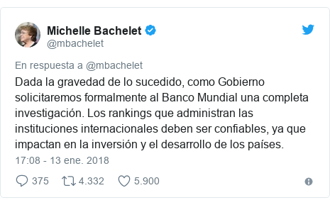 Publicación de Twitter por @mbachelet: Dada la gravedad de lo sucedido, como Gobierno solicitaremos formalmente al Banco Mundial una completa investigación. Los rankings que administran las instituciones internacionales deben ser confiables, ya que impactan en la inversión y el desarrollo de los países.