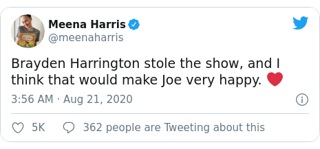 Twitter post by @meenaharris: Brayden Harrington stole the show, and I think that would make Joe very happy. ❤️