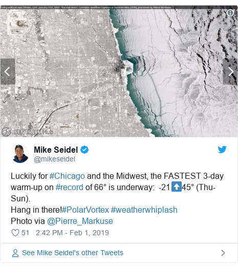 Twitter post by @mikeseidel: Luckily for #Chicago and the Midwest, the FASTEST 3-day warm-up on #record of 66° is underway   -21⬆️45° (Thu-Sun).Hang in there!#PolarVortex #weatherwhiplash Photo via @Pierre_Markuse 