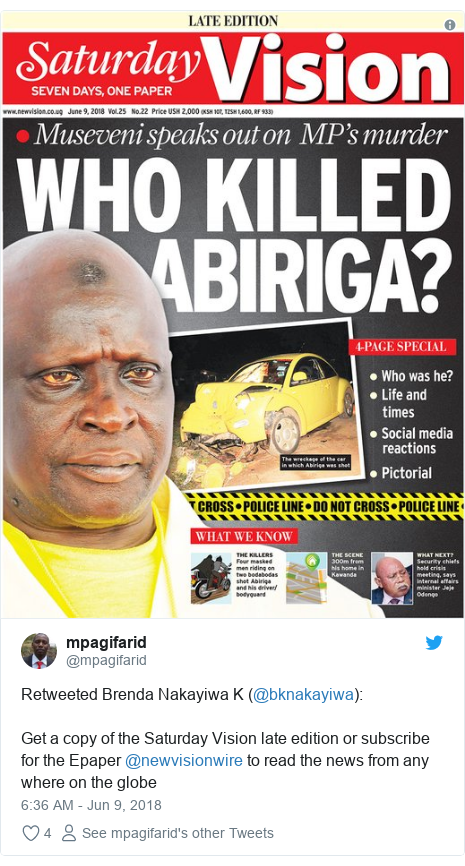Ujumbe wa Twitter wa @mpagifarid: Retweeted Brenda Nakayiwa K (@bknakayiwa) Get a copy of the Saturday Vision late edition or subscribe for the Epaper @newvisionwire to read the news from any where on the globe 