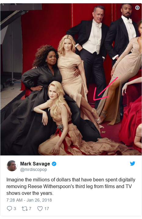 Twitter post by @mrdiscopop: Imagine the millions of dollars that have been spent digitally removing Reese Witherspoon's third leg from films and TV shows over the years. 