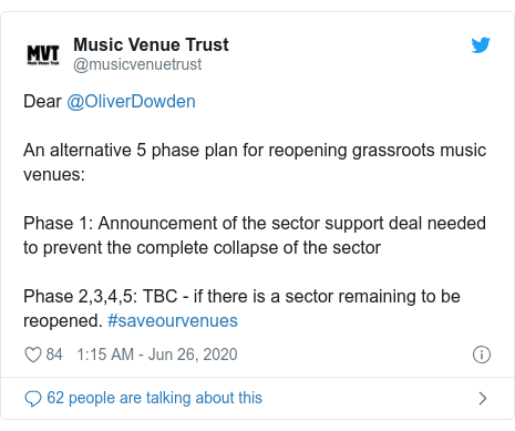 Twitter post by @musicvenuetrust: Dear @OliverDowden An alternative 5 phase plan for reopening grassroots music venues  Phase 1  Announcement of the sector support deal needed to prevent the complete collapse of the sectorPhase 2,3,4,5  TBC - if there is a sector remaining to be reopened. #saveourvenues