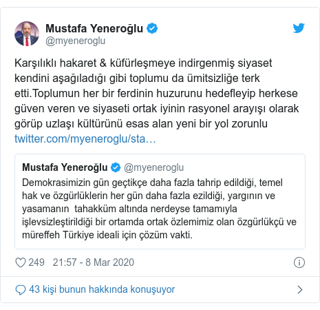 @myeneroglu tarafından yapılan Twitter paylaşımı: Karşılıklı hakaret & küfürleşmeye indirgenmiş siyaset kendini aşağıladığı gibi toplumu da ümitsizliğe terk etti.Toplumun her bir ferdinin huzurunu hedefleyip herkese güven veren ve siyaseti ortak iyinin rasyonel arayışı olarak görüp uzlaşı kültürünü esas alan yeni bir yol zorunlu 