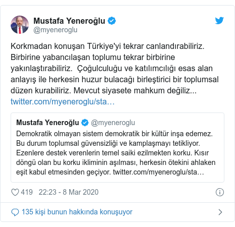 @myeneroglu tarafından yapılan Twitter paylaşımı: Korkmadan konuşan Türkiye'yi tekrar canlandırabiliriz. Birbirine yabancılaşan toplumu tekrar birbirine yakınlaştırabiliriz. Çoğulculuğu ve katılımcılığı esas alan anlayış ile herkesin huzur bulacağı birleştirici bir toplumsal düzen kurabiliriz. Mevcut siyasete mahkum değiliz... 