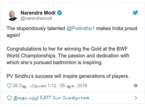 டுவிட்டர் இவரது பதிவு @narendramodi: The stupendously talented @Pvsindhu1 makes India proud again! Congratulations to her for winning the Gold at the BWF World Championships. The passion and dedication with which she’s pursued badminton is inspiring. PV Sindhu’s success will inspire generations of players.