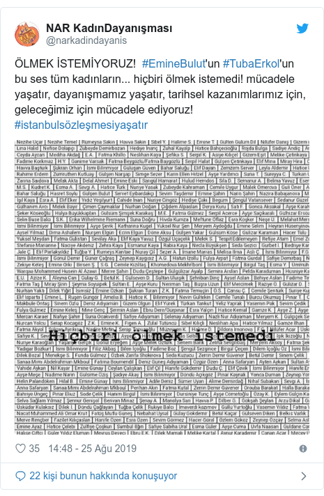 @narkadindayanis tarafından yapılan Twitter paylaşımı: ÖLMEK İSTEMİYORUZ!  #EmineBulut'un #TubaErkol'un bu ses tüm kadınların... hiçbiri ölmek istemedi! mücadele yaşatır, dayanışmamız yaşatır, tarihsel kazanımlarımız için, geleceğimiz için mücadele ediyoruz! #istanbulsözleşmesiyaşatır 