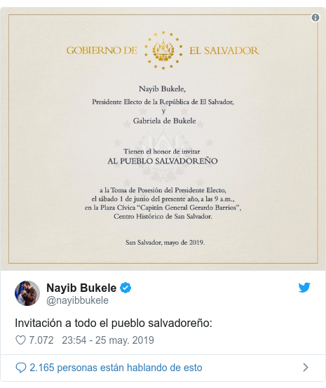 Publicación de Twitter por @nayibbukele: Invitación a todo el pueblo salvadoreño  