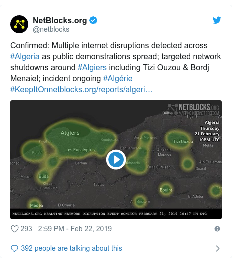 Twitter post by @netblocks: Confirmed  Multiple internet disruptions detected across #Algeria as public demonstrations spread; targeted network shutdowns around #Algiers including Tizi Ouzou & Bordj Menaiel; incident ongoing #Algérie #KeepItOn 