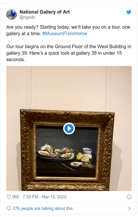 Twitter post by @ngadc: Are you ready? Starting today, we’ll take you on a tour, one gallery at a time. #MuseumFromHomeOur tour begins on the Ground Floor of the West Building in gallery 39. Here’s a quick look at gallery 39 in under 15 seconds. 