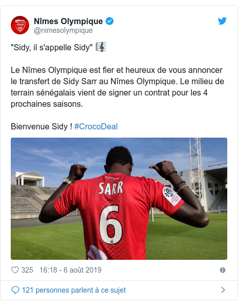 Twitter publication par @nimesolympique: "Sidy, il s'appelle Sidy" ð??¼Le NÃ®mes Olympique est fier et heureux de vous annoncer le transfert de Sidy Sarr au NÃ®mes Olympique. Le milieu de terrain sÃ©nÃ©galais vient de signer un contrat pour les 4 prochaines saisons. Bienvenue Sidy ! #CrocoDeal 