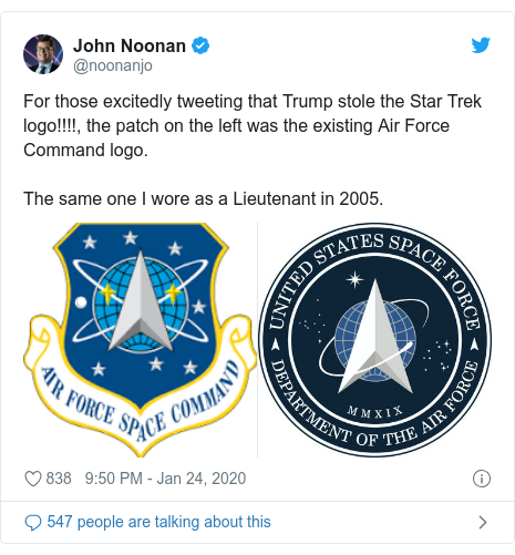 Twitter post by @noonanjo: For those excitedly tweeting that Trump stole the Star Trek logo!!!!, the patch on the left was the existing Air Force Command logo. The same one I wore as a Lieutenant in 2005. 